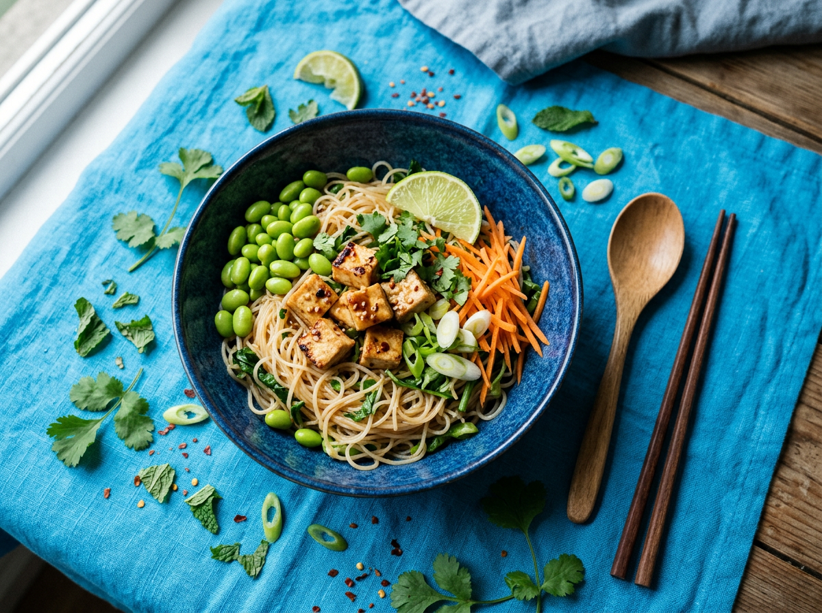 Illustration d’un bol bleu de nouilles de riz, tofu, edamame et carottes sur une nappe bleue.