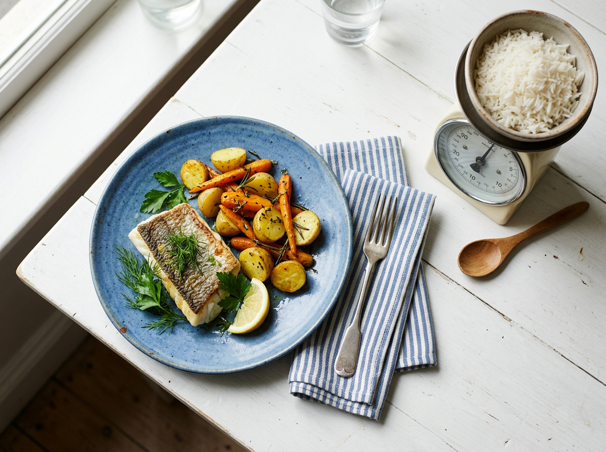 Illustration de poisson, pommes de terre et carottes dans une assiette bleue, près d’une balance contenant du riz.